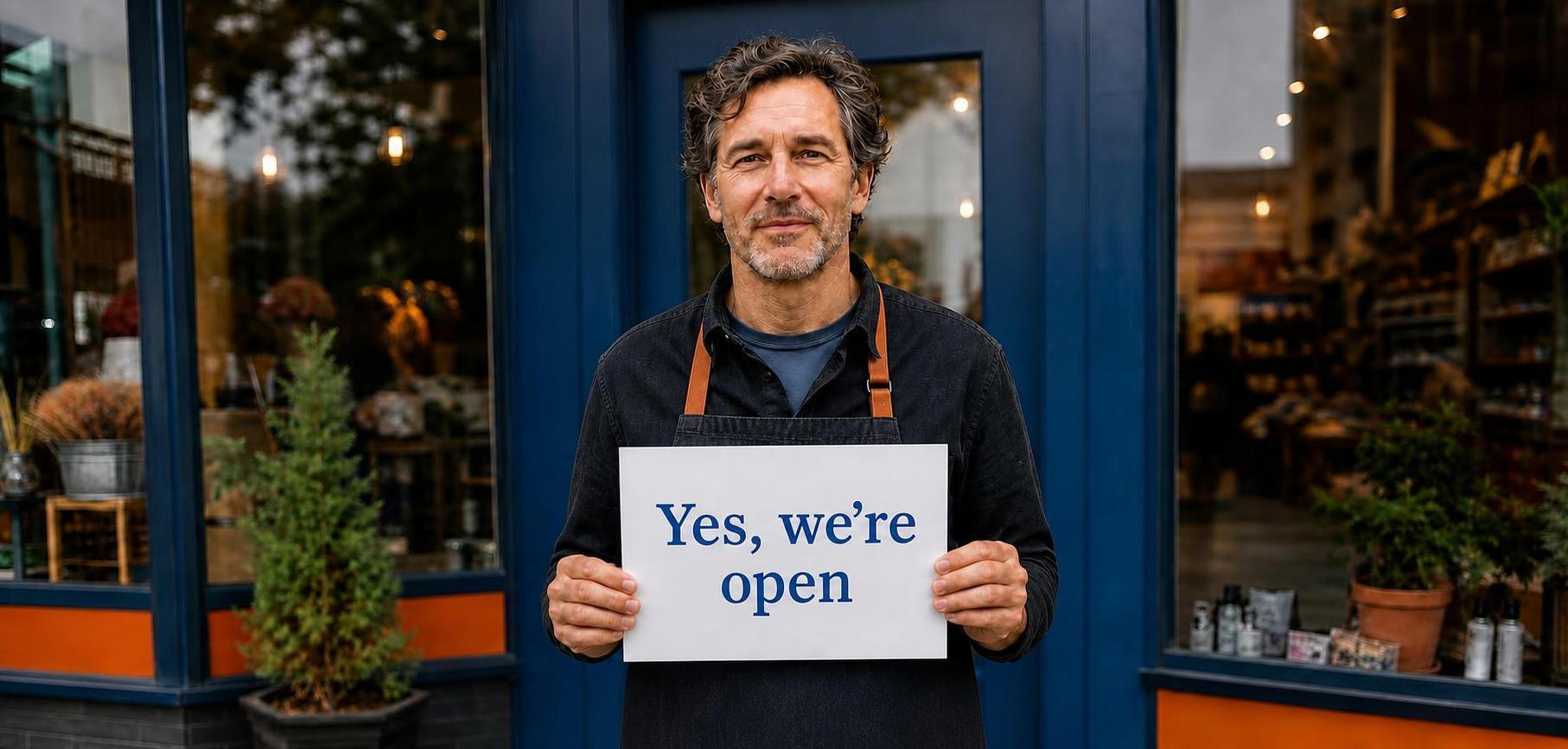 Business owner in a dark apron holding a Yes, we’re open sign outside a storefront Business owner in a dark apron holding a Yes, we’re open sign outside a storefront